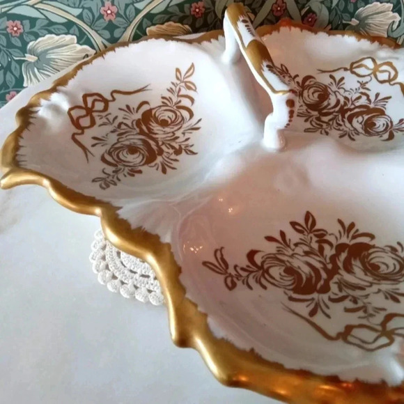 🇨🇵 Vintage Birks White Porcelain With Gold Handpainted Divided Serving Plate - Picture 2 of 7